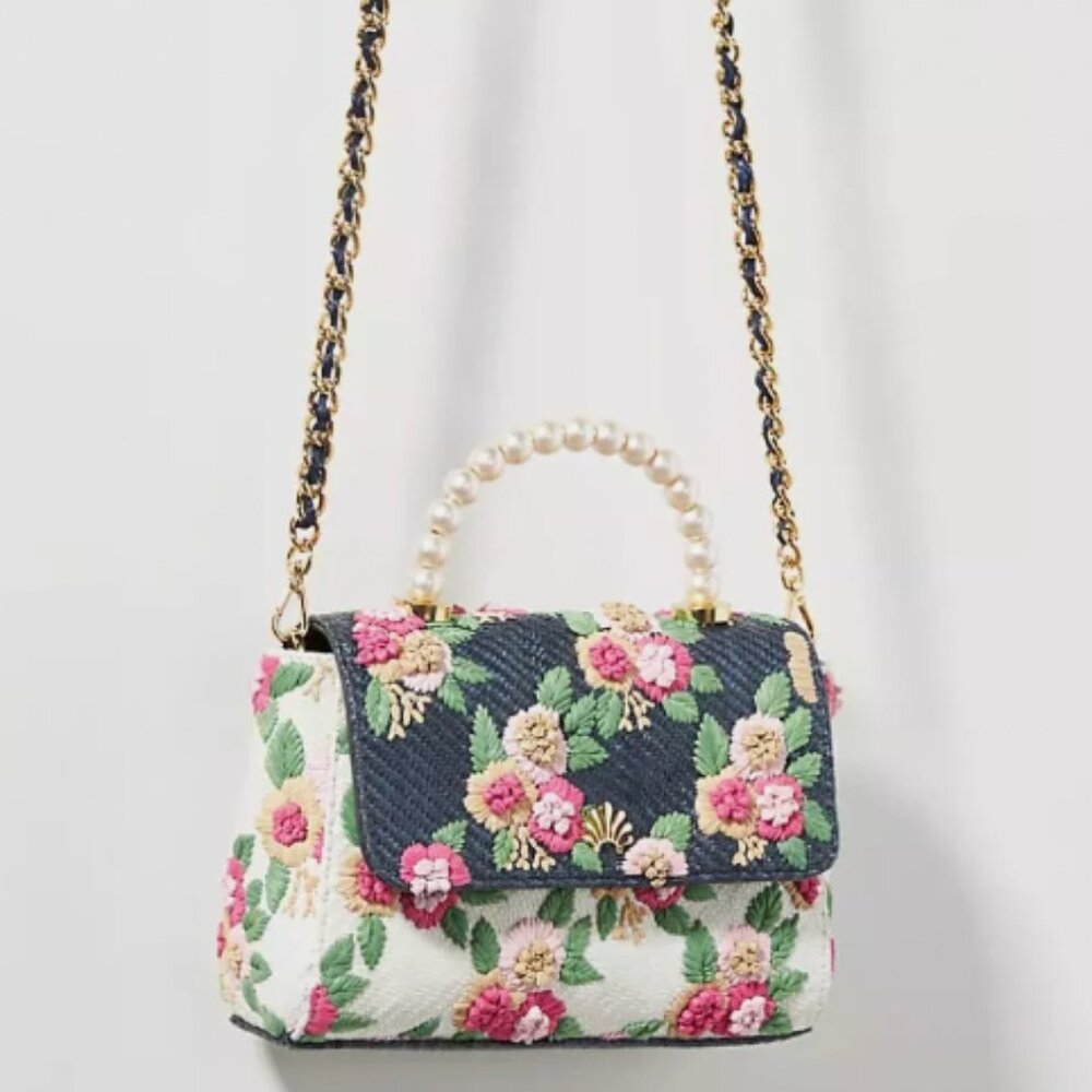 Lele Sadoughi limited edition embroidered floral 14k gold pearls Handbag NWOT